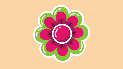 Stylized flower with pink petals and green leaves on a beige background.