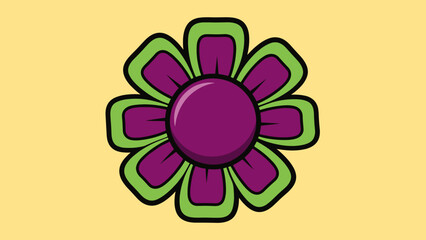 Illustration of a flower with purple petals outlined in green, set against a yellow background.