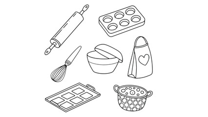 A collection of baking tools and equipment is shown in a line drawing.