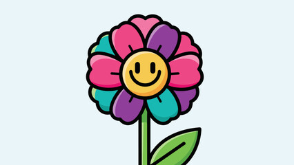 A colorful flower with a smiley face center and a green stem and leaf on a light blue background.