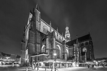 The beautiful exteriors of the Grote Kerk or St.-Bavokerk, a Reformed Protestant church located on the central market square (Grote Markt) in the Dutch city of Haarlem, Netherlands