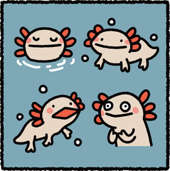 Hand-Drawn Axolotl Characters with External Gills in Cute Cartoon Style