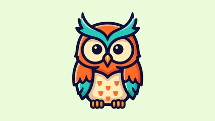 Obraz premium Cartoon owl with orange feathers and turquoise accents on a light green background.
