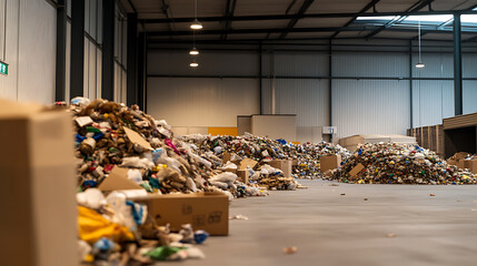 Mountains of unsorted waste fill a large warehouse, awaiting processing for recycling and reuse. The scene highlights the urgency of waste reduction.