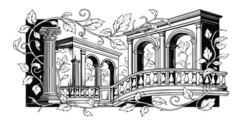 Fototapeta premium Ancient European church and Roman ruins architectural illustration in vintage hand drawn style