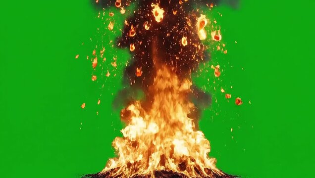 Intense explosion with large fireball and smoke on green screen
