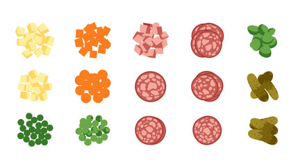 Various diced and sliced food ingredients including potatoes, carrots, ham, salami, peas, and pickles arranged on a white background.