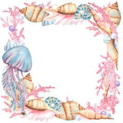 Underwater world decorative frame of seashells, pink corals, pearls and jellyfish. Sea life clipart. Sea bottom objects. Hand-drawn watercolor illustration for sea-themed design, packaging, postcards