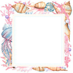 Square frame of seashells, corals, pearls and jellyfish and copy space for text. Underwater world clipart. Sea bottom. Hand-drawn watercolor illustration for sea-themed design, packaging, postcards