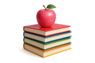 Stack of colorful textbooks with a red apple on top, symbolizing education, school, and learning process on a transparent background
