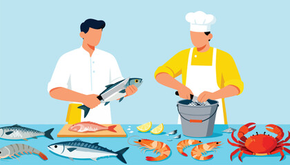 Chefs preparing a variety of fresh seafood, including fish, shrimp, and crab