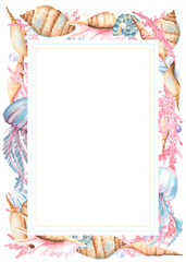 Rectangular frame of underwater world objects and copy space for text. Seashells, pink corals, pearls, jellyfish. Sea clipart. Sea bottom. Hand-drawn watercolor illustration for sea-themed design