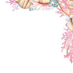 Top right corner of underwater objects. Sea corals, seashells and pearls. Watercolor sea frame part. Underwater world clipart. Hand-drawn watercolor illustration for sea-themed design, packaging