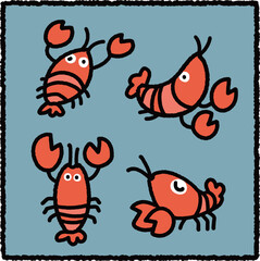 Hand-Drawn Lobster Illustration Set, Marine Crustacean Educational Cartoon