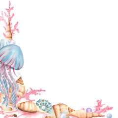 Bottom left corner of underwater objects. Sea corals, seashells, pearls and jellyfish. Watercolor sea frame. Underwater clipart. Hand-drawn watercolor illustration for sea-themed design, packaging