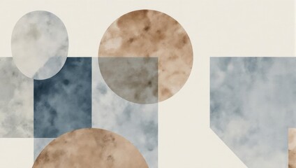 Abstract Watercolor Geometric Shapes Composition on Beige Background.