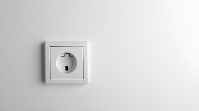 A pristine white wall hosts a square-shaped European electrical outlet. The simple, minimalist design provides a stark contrast against the expansive, light-filled backdrop.