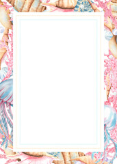 Rectangular frame of seashells, corals, pearls, jellyfish and copy space for text. Sea life clipart. Sea bottom. Underwater world clipart. Hand-drawn watercolor illustration for sea-themed design
