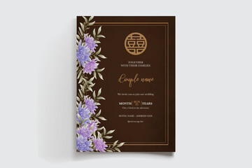 WEDDING INVITATION FRAME WITH FLOWER DECORATIONS AND FRESH LEAVES