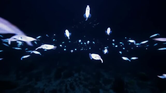 Bioluminescent squid swarm swimming deep underwater in dark ocean environment. Potential use Science