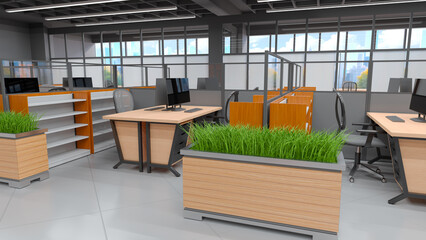Workstations with office wooden desk, computer, office chair, wooden shelving, wooden planters with green plants. Modern office interior design. 3d illustration