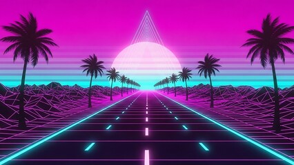 Retro Futuristic Highway with Palm Trees at Sunset.