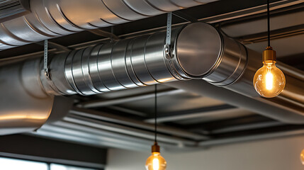 Ceiling's industrial aesthetic: metal ducts and glowing bulbs combine to create a functional yet stylish overhead view, showcasing modern interior design elements.
