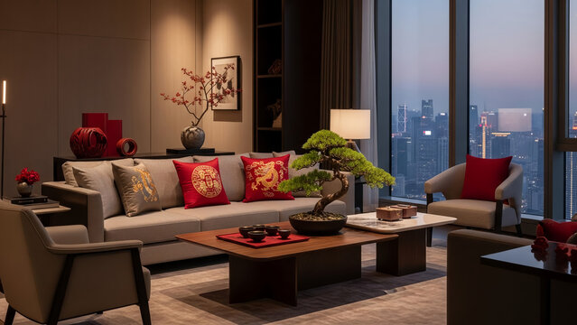 Modern luxury living room interior with Chinese New Year decorations and red gold accents