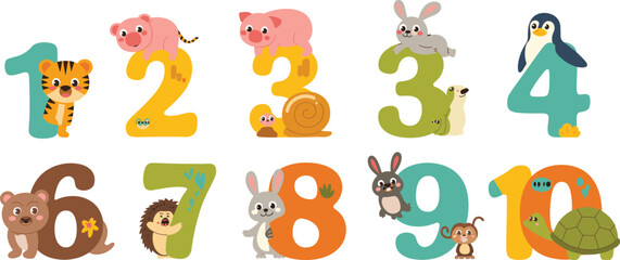 Cartoon numbers with animals, educational vector for kids, colorful digits 1 to 10, tiger, pig, rabbit, monkey, turtle, snail © Snigdha Creatives