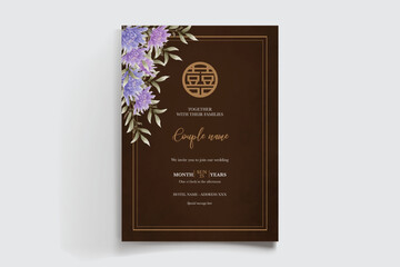 WEDDING INVITATION FRAME WITH FLOWER DECORATIONS AND FRESH LEAVES