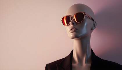 Fashion mannequin wearing sunglasses representing modern style presentation, retail display design, and minimalist fashion marketing concept with copy space.
