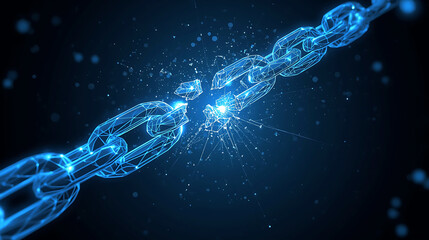 blue chain breaking apart with sparks flying off into a dark background