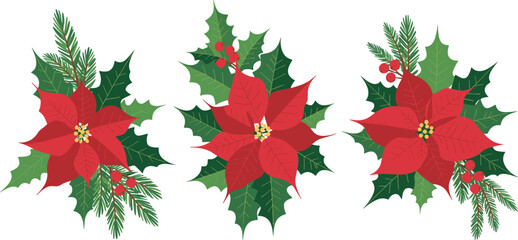 Christmas floral arrangement vector set, poinsettia, holly leaves, pine needles, red berries, festive decoration, winter holiday design, seasonal illustration