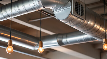 Exposed ductwork with lighting fixture. The room features exposed HVAC ductwork and pendant lights, creating a modern and industrial-chic ambiance.