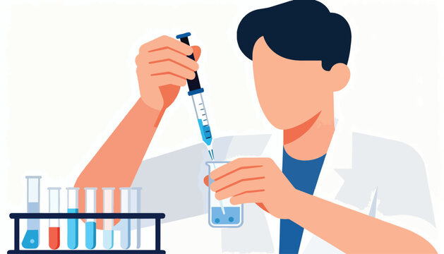 Scientist in lab coat uses pipette to drop liquid into beaker with test tubes nearby