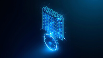 Glowing blue calendar and clock on dark background