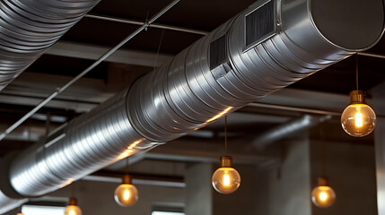 Metal ductwork and vintage style light bulbs hanging from the ceiling. Minimalist interior design with industrial style metal ventilation pipes and decorative lights.