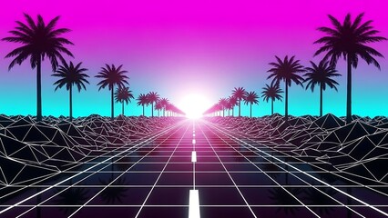 Retro Futuristic Road with Palm Trees Sunset.