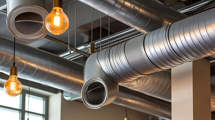 Industrial chic: exposed ductwork and warm Edison bulbs create a modern, edgy ambiance. Architectural details and minimalist lighting highlight space functionality.
