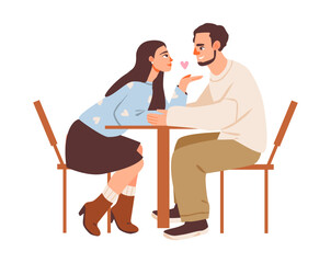 Romantic couple illustration showing a cozy cafe date. Cute cartoon characters share smiles and affection in a warm lifestyle moment. Valentine's Day concept.