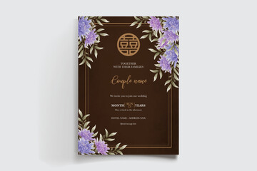 WEDDING INVITATION FRAME WITH FLOWER DECORATIONS AND FRESH LEAVES