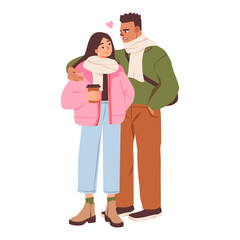 Couple walking together in winter outfits, holding coffee, and enjoying a relaxed, loving moment outdoors. Cute vector illustration of a Valentine's Day.