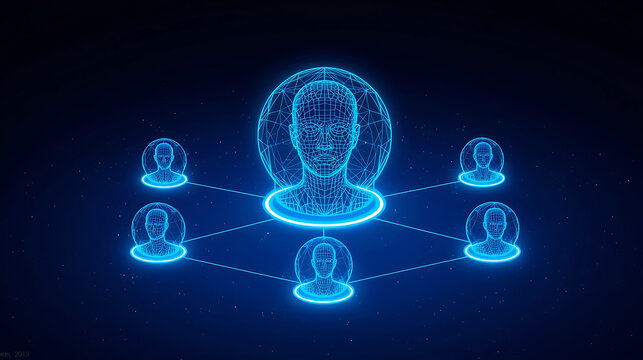 neon blue wireframe human heads connected by lines on dark background - Powered by Adobe