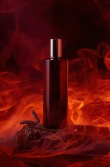 Luxury dark glass perfume bottle with silver cap surrounded by dramatic red smoke and fire effect on a dark surface