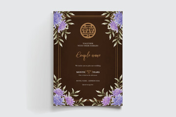 WEDDING INVITATION FRAME WITH FLOWER DECORATIONS AND FRESH LEAVES