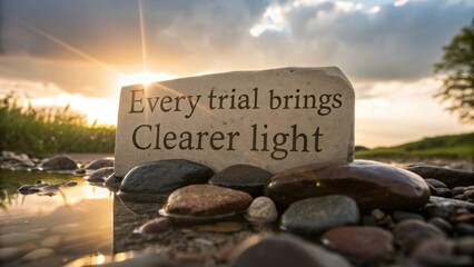 Inscription on a stone reflecting sunlight with inspirational quote