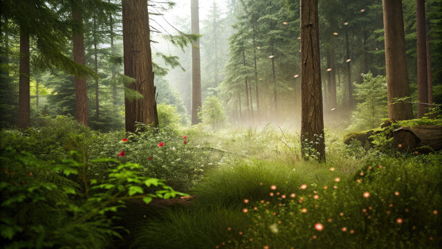 Forest managed sustainably with fsc certification concept. A serene forest scene with mist, lush greenery, and soft light.