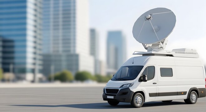 A modern white mobile news van with a large satellite dish on its roof, parked in a city for global communication concept and live broadcasting