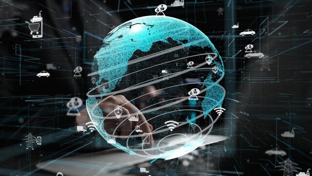 A captivating digital globe showcasing technology connectivity with various smart city and transport icons, illustrating the evolution of the internet of things and automation. Xenic - Powered by Adobe