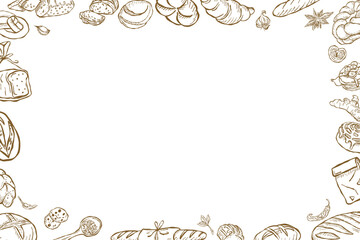 Decorative hand drawn bakery bread frame with vintage outline drawings